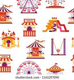 Seamless pattern amusement park with carousels, waterslides, balloons, inflatable trampoline castle, ferris wheel, mobile kiosk with sweets, catapult isolated on white background, family attractions.