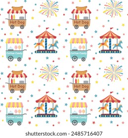 Seamless pattern with amusement park. Cartoon fun fair vector colorful background in flat style