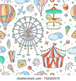 Seamless pattern amusement park hand drawn illustrations. Vintage fair vector elements and outline drawings seamless vector background