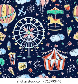 Seamless pattern amusement park hand drawn illustrations. Vintage fair vector elements and outline drawings seamless dark vector background