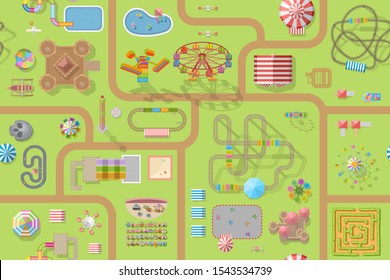 Seamless pattern. Amusement Park. (Top view) Attractions, paths, circus, plants, tents. (View from above)