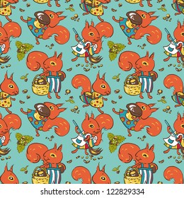 Seamless pattern - amusing cartoon squirrels in clothes with mushrooms and nuts