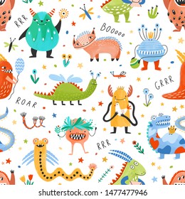 Seamless pattern with amusing fantastic monsters, fairytale creatures, fantastic beasts on white background. Flat cartoon childish vector illustration for wrapping paper, textile print, wallpaper.