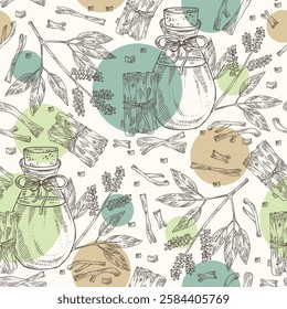 Seamless pattern with amyris: amyris plant, leaves, amyris wood and bottle of amyris essential oil. Cosmetic, perfumery, plant. Vector hand drawn