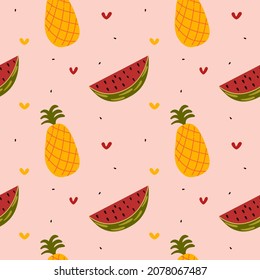 Seamless pattern of anas and watermelon with seeds and hearts. Color vector illustration of doodle style.