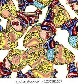 Seamless pattern of Anatomical human heart sketch isolated on background. Hand drawn engraving style cartoonish silk dress fashion tattoo design. Vector.