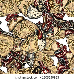 Seamless pattern of Anatomical human heart sketch isolated on background. Hand drawn engraving style cartoonish silk dress fashion tattoo design. Vector.