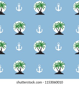 Seamless pattern with anchor and coconut palm tree island. Tropical wallpaper background. Vector Illustration EPS10