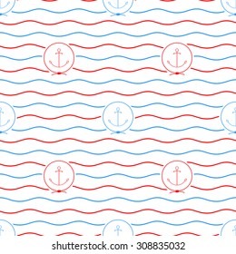 Seamless Pattern with Anchor Emblem, Blue and Red Anchor on a Background of Red and Blue Waves, Seamless Pattern with Marine Element for Web Design or Wallpaper or Fabric, Vector Illustration