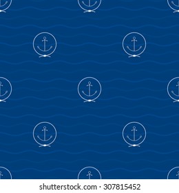 Seamless Pattern with an Anchor Emblem on a Background of Waves,an Anchor in the Middle of a Rope on a Blue Background, Seamless Pattern with Marine Element for Web Design or Wallpaper or Fabric