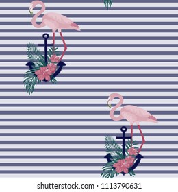 Seamless pattern with an anchor and flamingos. Beautiful summer background with flamingos and flowers.