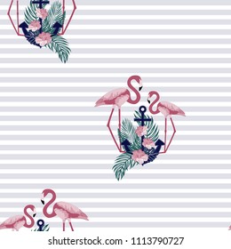 Seamless pattern with an anchor and flamingos. Beautiful summer background with flamingos and flowers.
