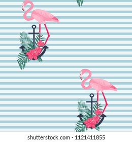 Seamless pattern with an anchor and flamingos. Beautiful summer background with flamingos and flowers.