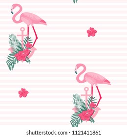 Seamless pattern with an anchor and flamingos. Beautiful summer background with flamingos and flowers.