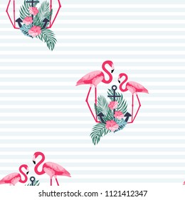 Seamless pattern with an anchor and flamingos. Beautiful summer background with flamingos and flowers.