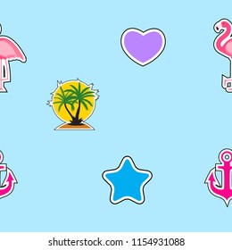 Seamless pattern with anchor, heart, flamingo and coconut palm tree island. Tropical wallpaper background. Vector Illustration EPS10