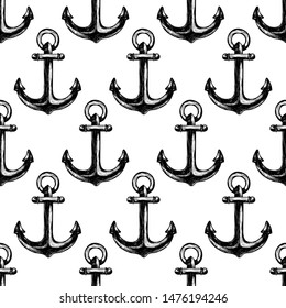 Seamless pattern with anchor. Isolated objects. Hand drawn vector illustration realistic sketch