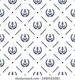 Seamless pattern with anchor and laurel wreath. Sail strip. Sailing. Sea anchors. Marine prints. Boat cruise. Mautical background. Maritime patern. Simple striped ship design. Vector illustration