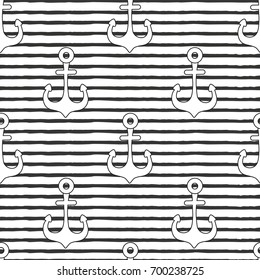 Seamless pattern with anchor on black and white striped background