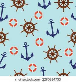 Seamless pattern with anchor, rudder and lifebuoy. Cute nautical template for fabric, baby clothes, background, textile, wrapping paper and other decorations.Vector illustration.