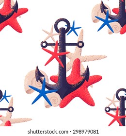Seamless pattern with anchor, seashells and starfishes. Retro marine background