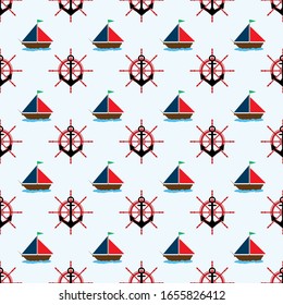 Seamless pattern with anchor, ship rudder and sailboat. Marine print. Simple vector illustration.