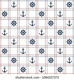 Seamless pattern anchor and Ship wheel on grid white background.printing wallpaper.vector illustration