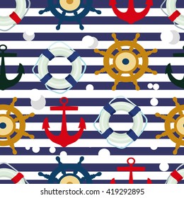 seamless pattern with anchor, ship's wheel and lifebuoy. vector illustration