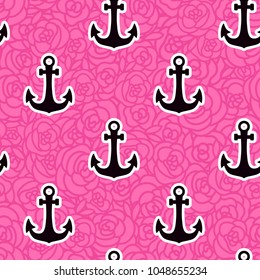 Seamless pattern. Anchor silhouette icon on the background of pink roses. Vector illustration. Concept of the sea of roses.