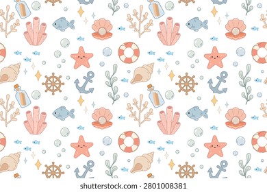 Seamless Pattern With Anchor Starfish Coral Shells And Fish Nautical Cartoon. Cheerful nautical seamless pattern with anchors, starfish, coral, seashells with pearls, ship wheels, lifebuoys, fish and message bottles on a clean white background. Soft pastel pink, blue and beige tones with a gentle cartoon style. Great for fabric prints, nursery wallpaper, baby bedding, gift wrapping, scrapbooking and summer marine themed designs.