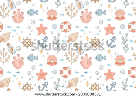 Seamless Pattern With Anchor Starfish Coral Shells And Fish Nautical Cartoon. Cheerful nautical seamless pattern with anchors, starfish, coral, seashells with pearls, ship wheels, lifebuoys, fish and message bottles on a clean white background. Soft pastel pink, blue and beige tones with a gentle cartoon style. Great for fabric prints, nursery wallpaper, baby bedding, gift wrapping, scrapbooking and summer marine themed designs.