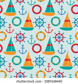 Seamless pattern with anchor, steering wheel, lifebuoy and boats. Vector illustration of a nautical theme.