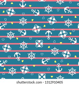 Seamless pattern with anchor, steering wheel and lifebuoy. Cute Marine pattern for fabric, baby clothes, background, textile, wrapping paper and other decoration.Vector illustration.