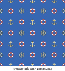 Seamless pattern with anchor, steering wheel and lifebuoy. Vector marine background
for wrapping paper, textile, decor and design.