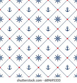 Seamless pattern with anchor and steering wheel. Cute Marine pattern for fabric, baby clothes, background, textile, wrapping paper and other decoration. Vector illustration.