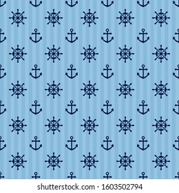 Seamless pattern anchor and yacht steering wheel on blue color stripe background, vector illustration