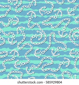 Seamless pattern with anchors and chains. Ongoing stripes background of marine theme blue color. Vector illustration