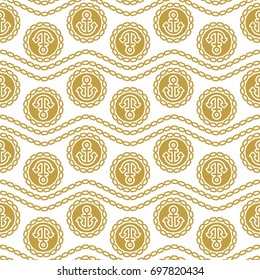 Seamless pattern with anchors and chains. Ongoing stripes background of marine theme blue color. Vector illustration