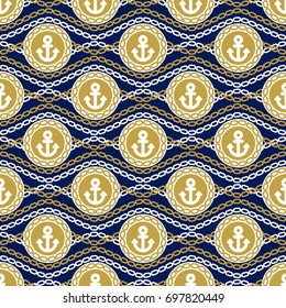 Seamless pattern with anchors and chains. Ongoing stripes background of marine theme blue and golden colors. Vector illustration
