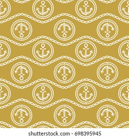 Seamless pattern with anchors and chains. Ongoing stripes background of marine theme golden color. Vector illustration