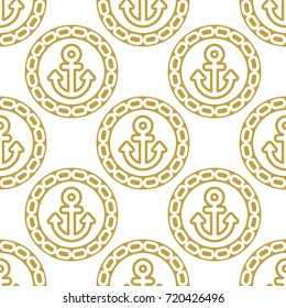Seamless pattern with anchors and chains. Ongoing background of marine theme golden color. Vector illustration