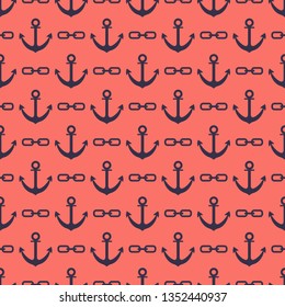 Seamless pattern with anchors and chains. Sea background. Design for banner, poster, textile, print.