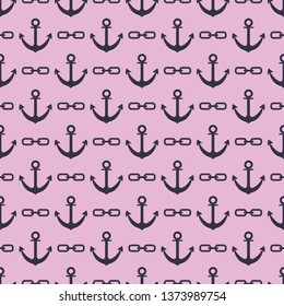 Seamless pattern with anchors and chains. Sea background. Design for banner, poster, textile, print.