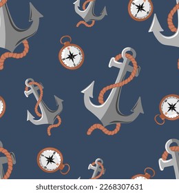 Seamless pattern with anchors and compass. Modern print for fabric, textiles, wrapping paper. Vector illustration