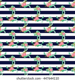 Seamless pattern with anchors and flowers. Striped background. Vector illustration.