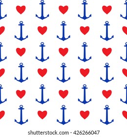 Seamless pattern with anchors and hearts. Great for textile, wallpaper, wrapping paper, web design and more. Vector illustration.