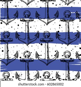 Seamless pattern with anchors. Hipster background. Drawing by hand in vintage style. Stylish background in a marine style.