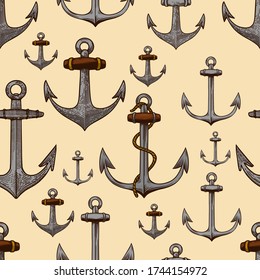 Seamless pattern with anchors illustrations in engraving style. Design element for poster, card, banner, menu, flyer. Vector illustration