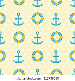 Seamless pattern with anchors and life bouy, vector illustration. Polka dot background. Marine tiling