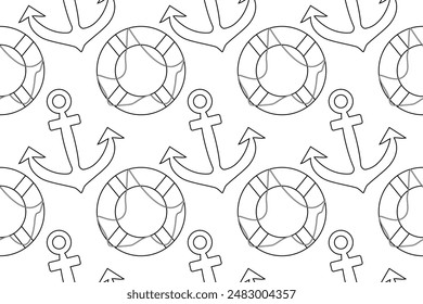 Seamless pattern of anchors and lifesavers outline illustration for a fun and engaging coloring page. Perfect for kids and nautical themed projects.